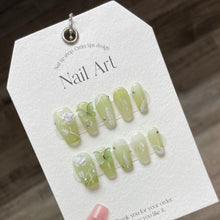 Load image into Gallery viewer, 10 Pcs Light Green Spring Fresh Press On Nails with Short Coffin Shape, Butterfly and White Rose Designs (Handmade, Available in Different Sizes)