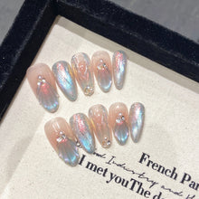Load image into Gallery viewer, 10 Pcs Iridescent Medium Oval Press On Nails with Pearl Embellishments Handmade Nails -- Mermaid Princess