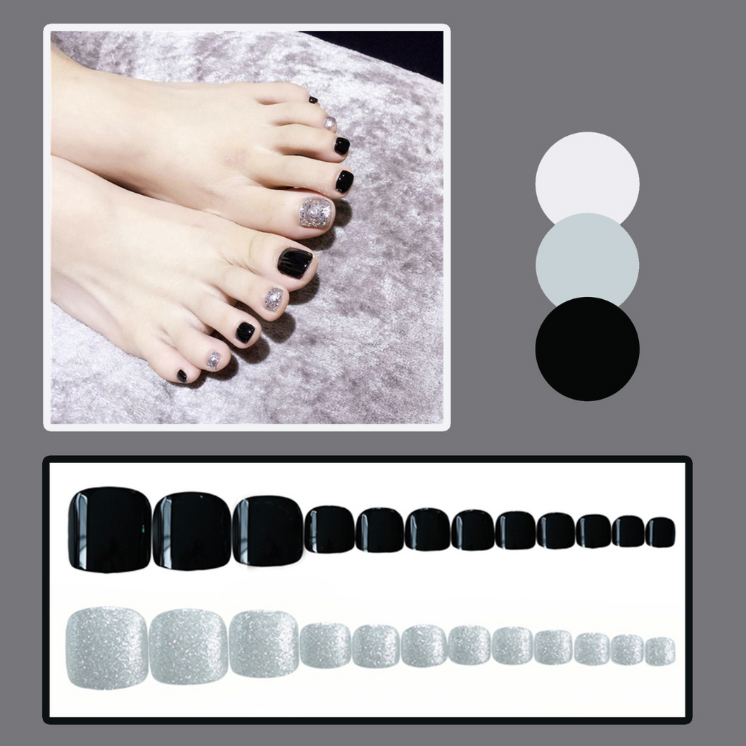 24 Pcs Black Glitter Press On Nails for Toes