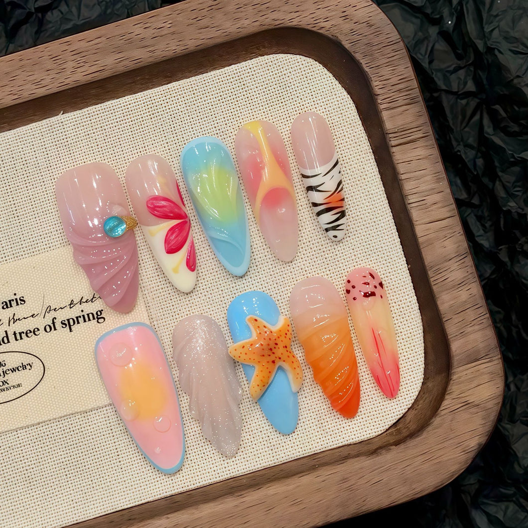 Long Almond 3D Starfish Island Vacation Press On Nails